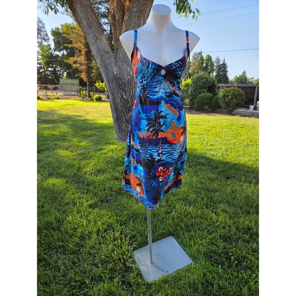 Island Planet Miami Beach Tropical Sunset Palm Tree Rayon Sundress Blue‎ Orange